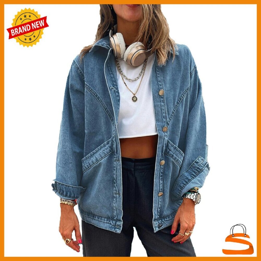 Oversized Denim Jacket Shacket with Huge Pockets Long Sleeve